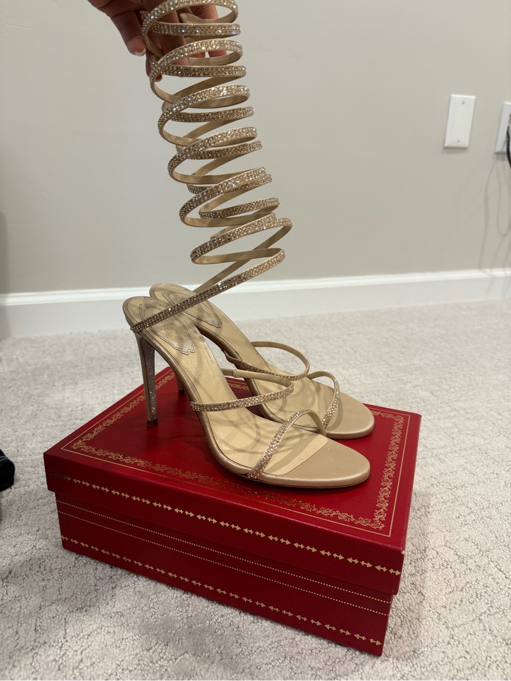 Rene Caovilla Gold Rhinestone Spiral Lace-Up Stiletto Sandals